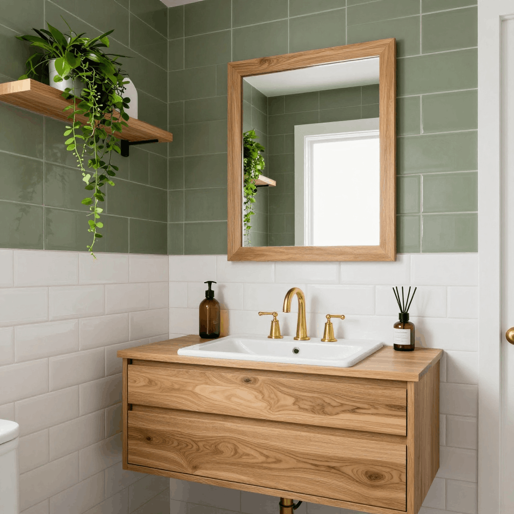 Olive Green and Natural Wood: Spa-Like Bathroom Color Scheme